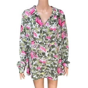 Investments Floral half Button Up Blouse Top roll tab sleeves size 3X